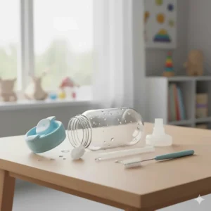 Disassembled parts of a sippy cup laid out with a cleaning brush, emphasizing hygiene and ease of sanitization.