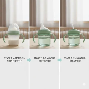 Visual guide showing the progression from a bottle nipple to a soft spout, and finally to a straw cup, demonstrating options for 6-9 month old babies.