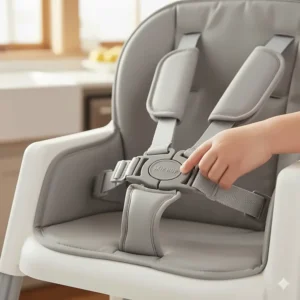 Detailed view of the secure five-point harness and safety buckle on the Skip Hop convertible high chair seat.
