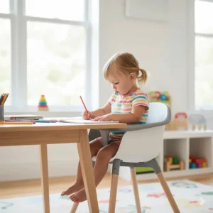 The Skip Hop high chair converted into a stylish big kid chair with beechwood accents for a toddler to sit at a desk or craft table.