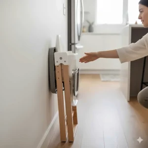 Skip Hop convertible high chair folded up compactly for easy, space-saving storage when not in use.