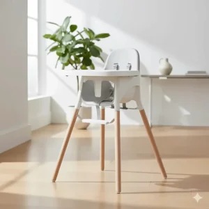 Modern Skip Hop convertible high chair featuring sleek white and gray plastic with natural beechwood legs.