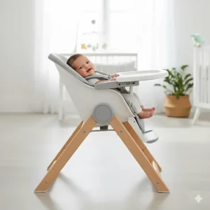 Side view of the Skip Hop convertible high chair seat reclined slightly, suitable for infant feeding.