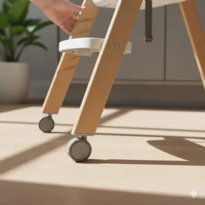 Detail of the inset wheels on the Skip Hop convertible high chair legs, allowing for easy tilting and movement.