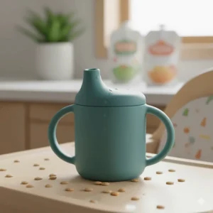 Close-up of a soft-spout sippy cup, recommended for the transition phase of a 6-month-old baby.