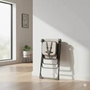 A slim space-saving collapsible high chair stored upright against a wall.