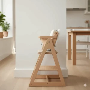The non-toxic high chair folded flat for storage, perfect for small kitchens or apartment living.