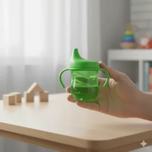 A durable, hard-spout sippy cup held by a parent, recommended for 12-month-old babies learning to tilt.