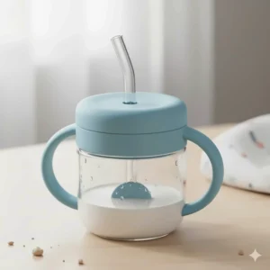 An illustration of a weighted straw cup, a great option for 15- to 18-month-olds transitioning from bottles.