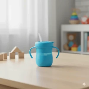 Close-up of an easy-to-clean straw sippy cup suitable for an 11-month-old baby to practice sipping.