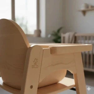 Detail of the smooth, non-toxic, sustainable hardwood construction of the infant chair.