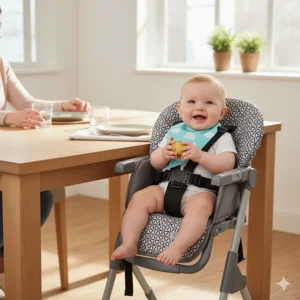Table attachable high chair securely mounted to a kitchen dining table, ready for a baby to sit and eat.