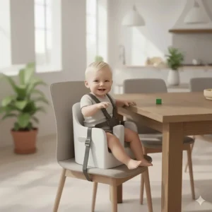 Easy-to-use toddler booster seat configuration without the tray, perfect for older toddlers sitting right at the main table.