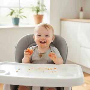 A happy toddler enjoying a meal in the comfortable and easy to clean high chair, highlighting its practicality for daily use.
