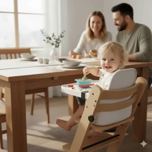 Happy toddler eating in a wooden high chair at the family dining table, demonstrating the chair's practical use.