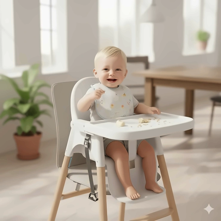 Classic, traditional high chair setup with the secure 5-point harness and detachable tray for baby-led weaning.