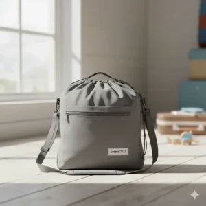 Compact travel collapsible high chair packed neatly into its carrying bag.