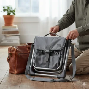 Side view of a travel high chair completely folded up, showing how compact and easy it is to carry.