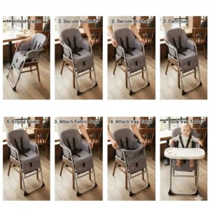 Step-by-step illustrations demonstrating the quick and simple setup of the travel high chair.