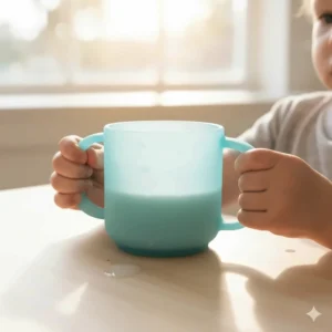 An image showing a two-handled toddler cup designed for 15-18 month olds to maintain a secure, independent grip.