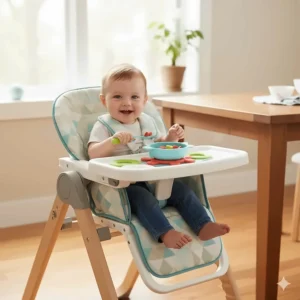 Toddler enjoying mealtime while sitting in the upright position of the reclining high chair.
