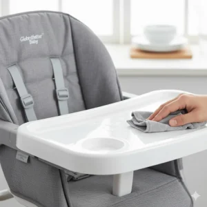 Detail shot of the washable fabric and easy-clean tray on a popular model of travel high chair.