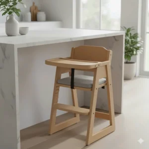 Traditional wooden, compact counter height high chair that easily slides under a counter.