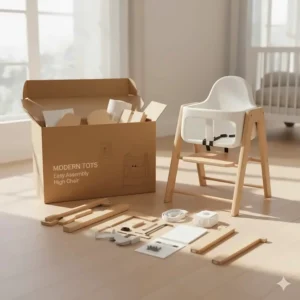 All components of the wooden high chair neatly packed in the box, ready for simple assembly.