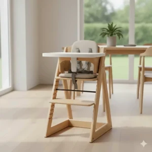 Full view of a non-toxic wooden high chair with adjustable footrest and tray, emphasizing its sturdy, durable construction.