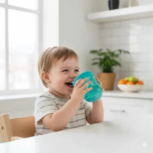 Child happily holding a 360 no spill sippy cup, demonstrating its drink-from-any-edge technology.