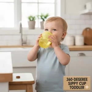 A toddler drinking from a handle-free, 360-degree sippy cup, showing how it promotes natural oral development like a regular cup.