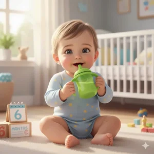 An illustration showing a 6-month-old baby sitting up, which is the key developmental milestone signaling when to start a sippy cup.