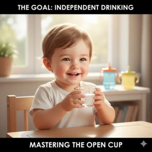 Simple illustration of a baby practicing with a tiny open cup, demonstrating the final goal after deciding between the sippy cup vs straw cup.