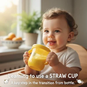 A close-up of a baby learning to use a straw cup, often a helpful step in the transition from a bottle to an an open cup.