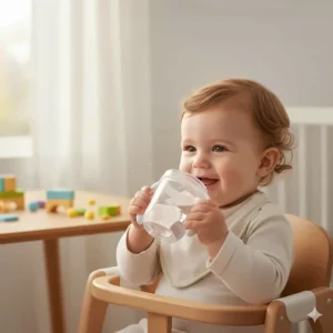 A happy 6-month-old baby successfully drinking from the best starter sippy cup with handles.