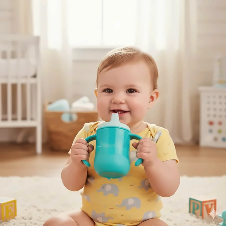 A happy 6-month-old baby girl holding a transition sippy cup with two handles, illustrating the perfect time to start introducing a sippy cup for the first time.