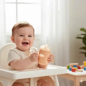 An 8-month-old baby successfully holding a dual-handled, spill-proof sippy cup during feeding time.