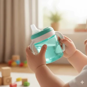 A close-up of a baby's hands correctly gripping the two handles of their first sippy cup.