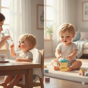 A visual guide highlighting the signs that a baby is ready for a sippy cup, such as showing interest in parents' drinks or being able to sit independently.