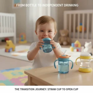 Image of a baby successfully using an open cup after mastering the straw cup, showing the progression from bottle to independent drinking.