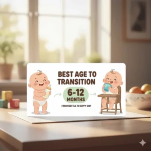 A graphic indicating the best age to transition an infant from a bottle to a sippy cup, typically around 6 to 12 months.