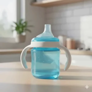 Close-up of the best infant sippy cup featuring a spout and anti-slip handles for little hands.