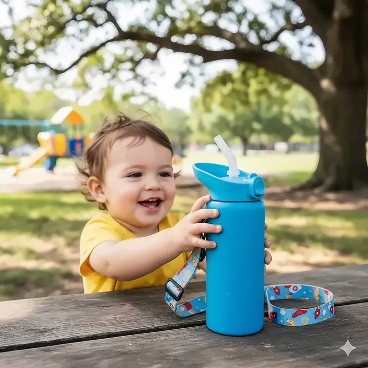 Leak-proof toddler water bottle in blue stainless steel, designed with an easy-to-use straw lid for reliable hydration on the go.