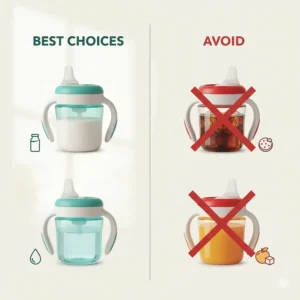 An infographic showing the best liquids to put in a sippy cup for an infant: water and breast milk or formula.