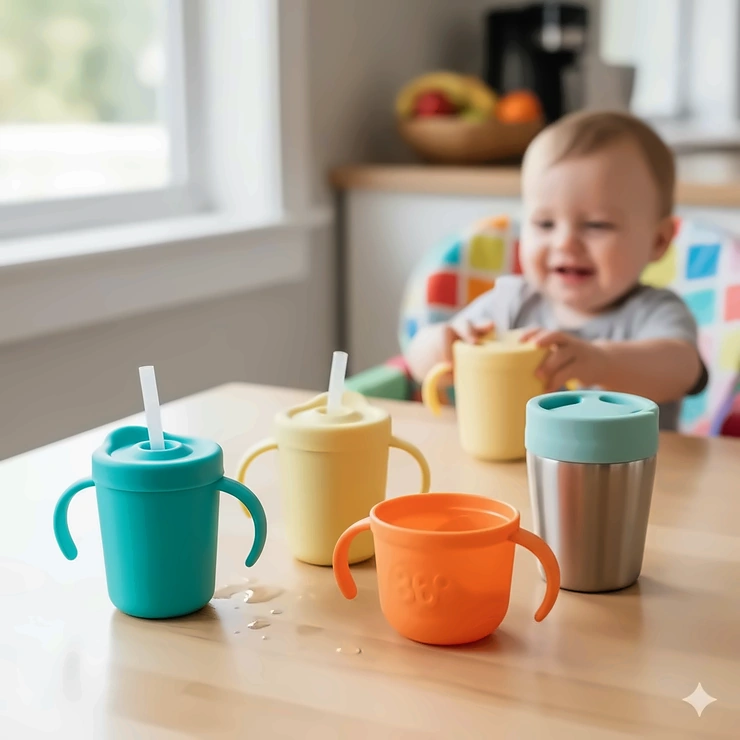 A selection of the best no spill sippy cups for toddlers, highlighting leak-proof designs and easy-grip handles.