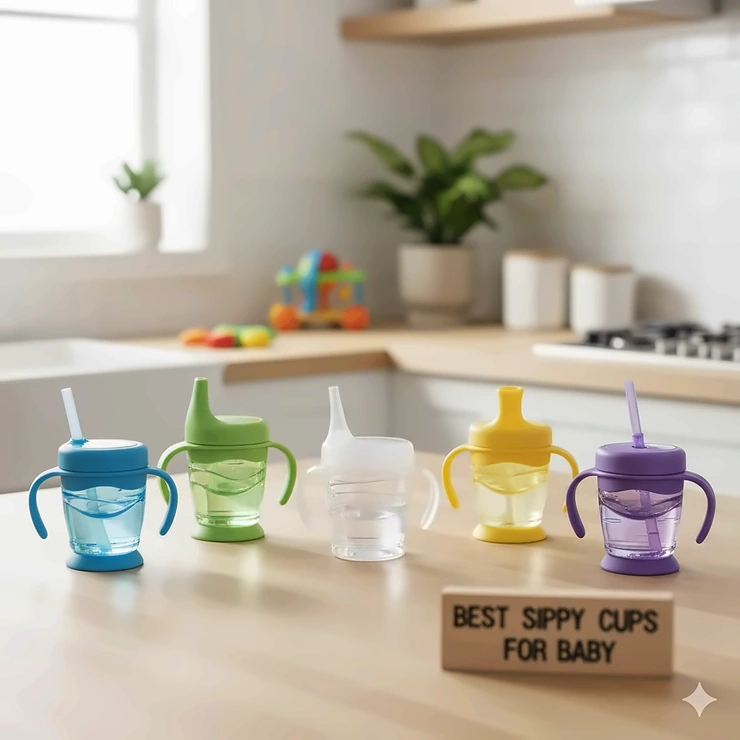 A bright, clean image showcasing the five best sippy cups for baby and toddler, arranged on a kitchen counter for easy comparison. best sippy cup for baby