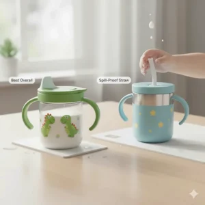 Comparing the best sippy cup for milk options, emphasizing a spill-proof design with easy-to-hold handles.