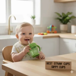 A happy baby successfully drinking water from one of the best straw sippy cups for starting solids.