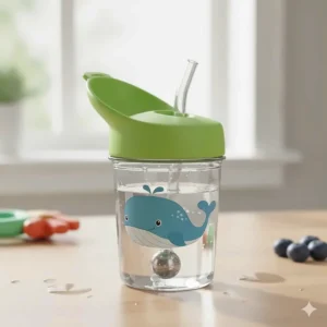 An illustration of a durable, weighted straw toddler sippy cup, a great choice for mess-free drinking.