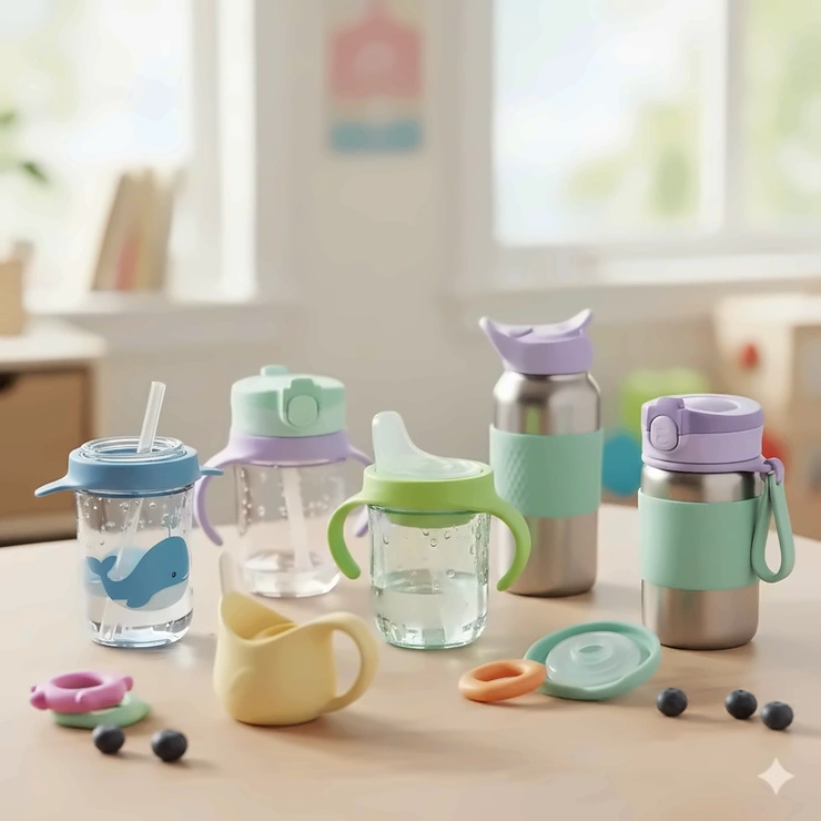A featured photo showing the range of best toddler sippy cups, including straw cups and spoutless cups, perfect for transitioning from a bottle.